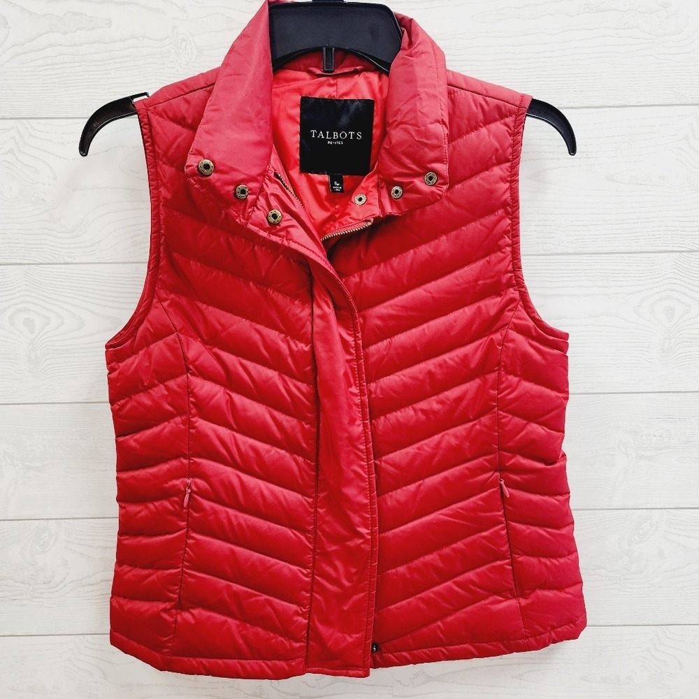 Talbots Petites Red‎ Chevron Quilted Down Puffer Vest Small P Zip Front Snap